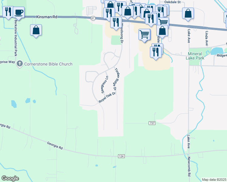 map of restaurants, bars, coffee shops, grocery stores, and more near 15414 Royal Oak Drive in Middlefield