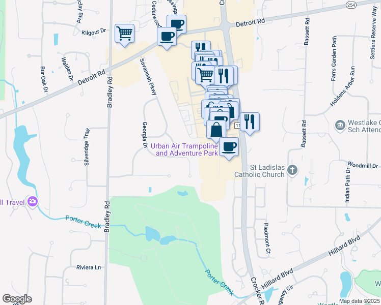 map of restaurants, bars, coffee shops, grocery stores, and more near 2335 Georgia Drive in Westlake
