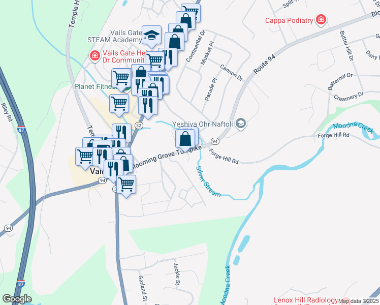 map of restaurants, bars, coffee shops, grocery stores, and more near 5201 Blooming Grove Turnpike in New Windsor