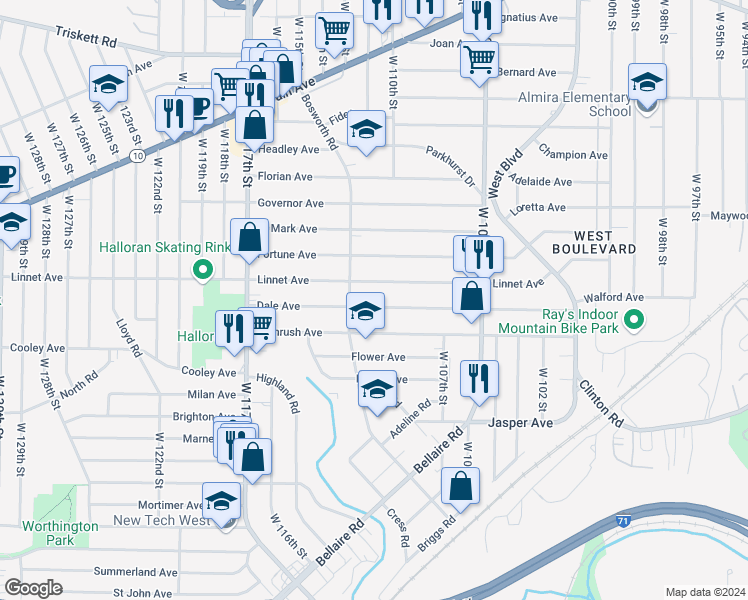 map of restaurants, bars, coffee shops, grocery stores, and more near 11020 Dale Ave in Cleveland