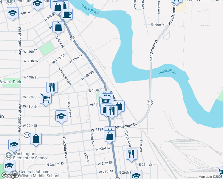 map of restaurants, bars, coffee shops, grocery stores, and more near 1721 Elyria Avenue in Lorain