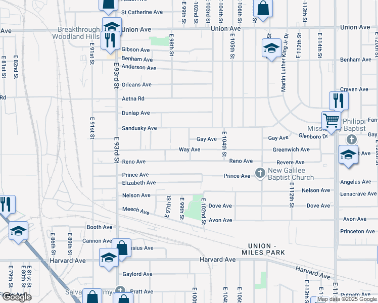 map of restaurants, bars, coffee shops, grocery stores, and more near 9918 Way Avenue in Cleveland