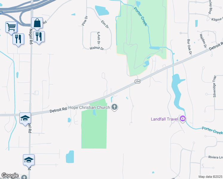 map of restaurants, bars, coffee shops, grocery stores, and more near 32580 Detroit Road in Avon