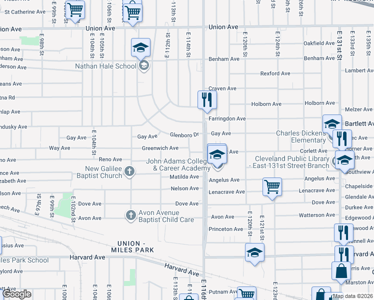 map of restaurants, bars, coffee shops, grocery stores, and more near 3792 East 114th Street in Cleveland