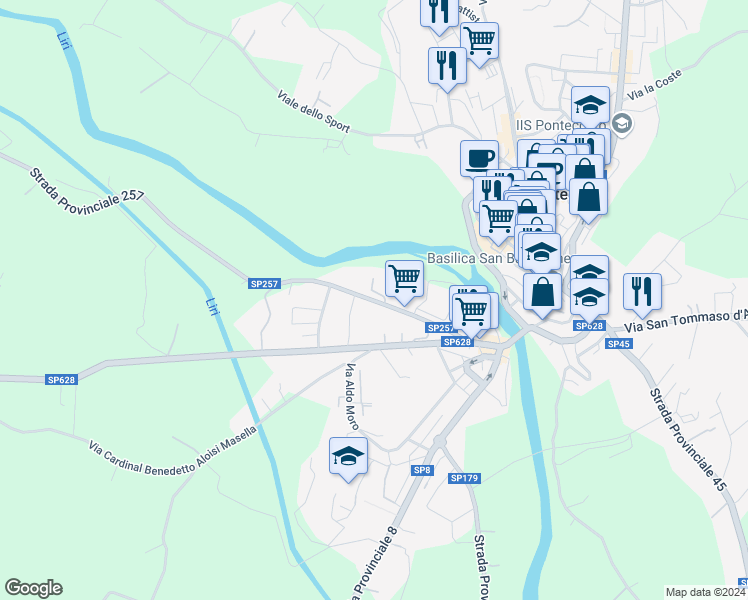 map of restaurants, bars, coffee shops, grocery stores, and more near 80 Via la Libera in Pontecorvo