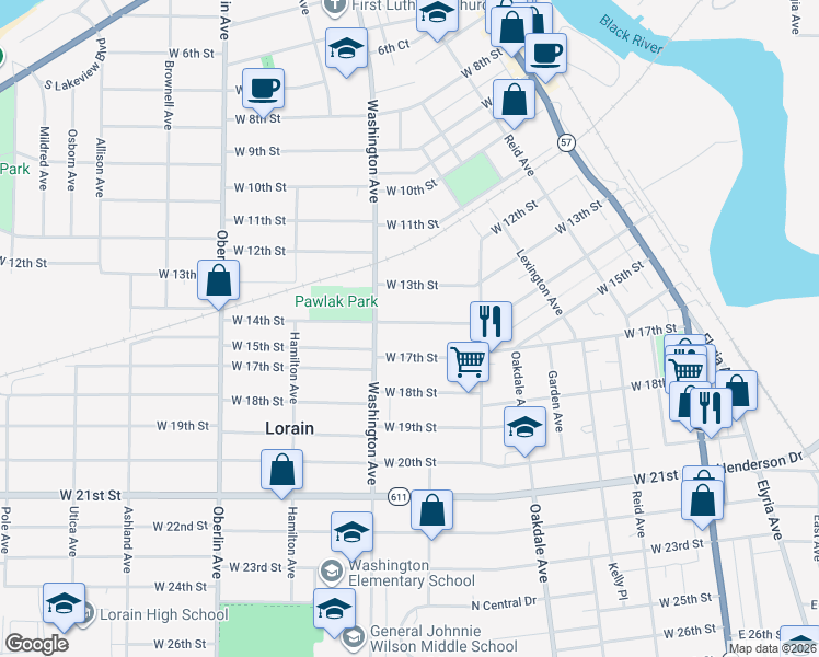 map of restaurants, bars, coffee shops, grocery stores, and more near 909 West 14th Street in Lorain
