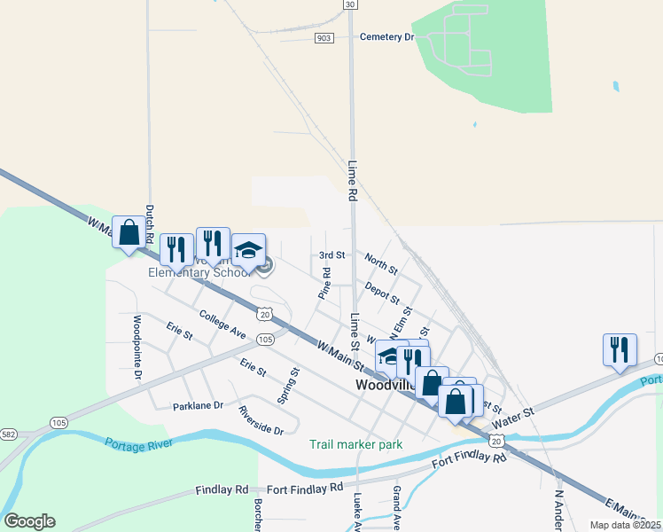 map of restaurants, bars, coffee shops, grocery stores, and more near 311 Pine Road in Woodville