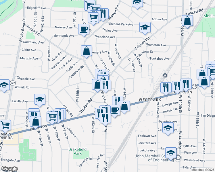 map of restaurants, bars, coffee shops, grocery stores, and more near 14915 Tudor Avenue in Cleveland