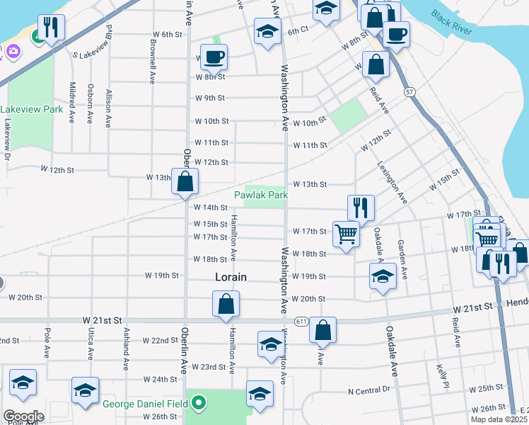 map of restaurants, bars, coffee shops, grocery stores, and more near 1027 West 14th Street in Lorain