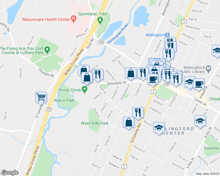 map of restaurants, bars, coffee shops, grocery stores, and more near 10 Valley Street in Wallingford