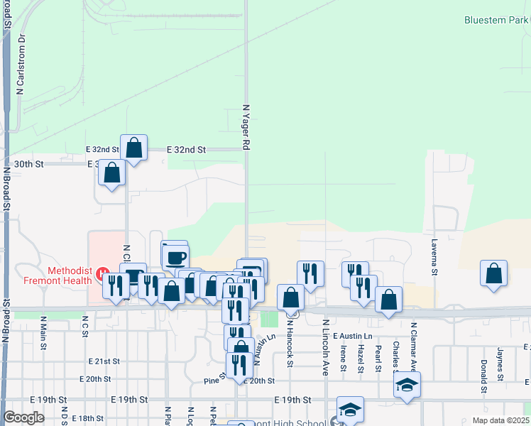 map of restaurants, bars, coffee shops, grocery stores, and more near 2740 North Yager Road in Fremont