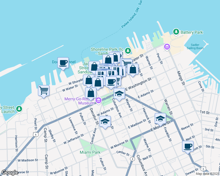 map of restaurants, bars, coffee shops, grocery stores, and more near in Sandusky