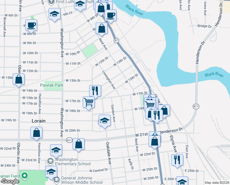 map of restaurants, bars, coffee shops, grocery stores, and more near 1602 Lexington Avenue in Lorain