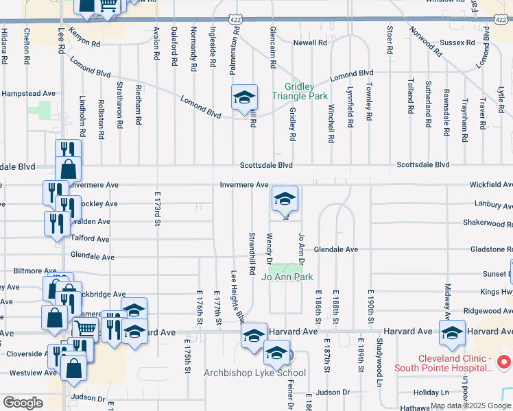 map of restaurants, bars, coffee shops, grocery stores, and more near 3807 Strandhill Road in Cleveland