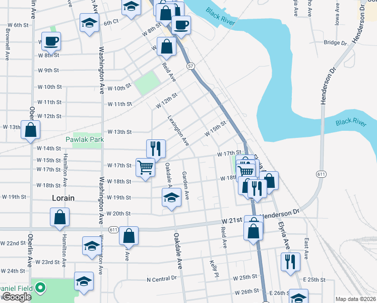 map of restaurants, bars, coffee shops, grocery stores, and more near 1602 Lexington Avenue in Lorain