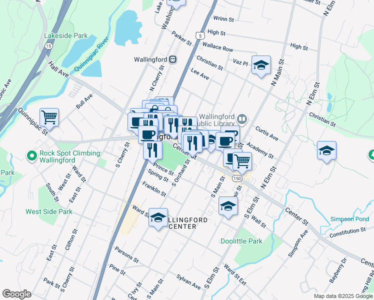 map of restaurants, bars, coffee shops, grocery stores, and more near 120 Center Street in Wallingford