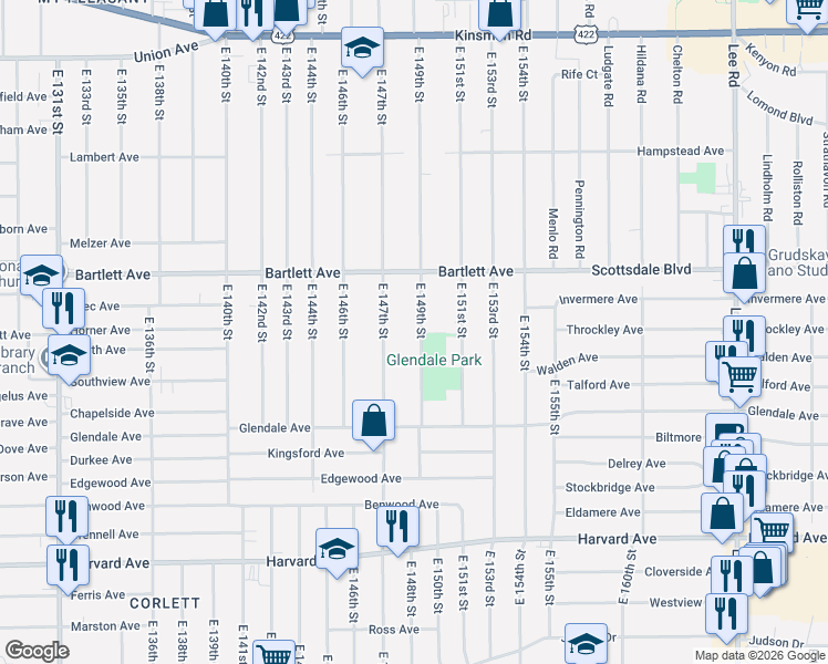 map of restaurants, bars, coffee shops, grocery stores, and more near 3822 East 149th Street in Cleveland