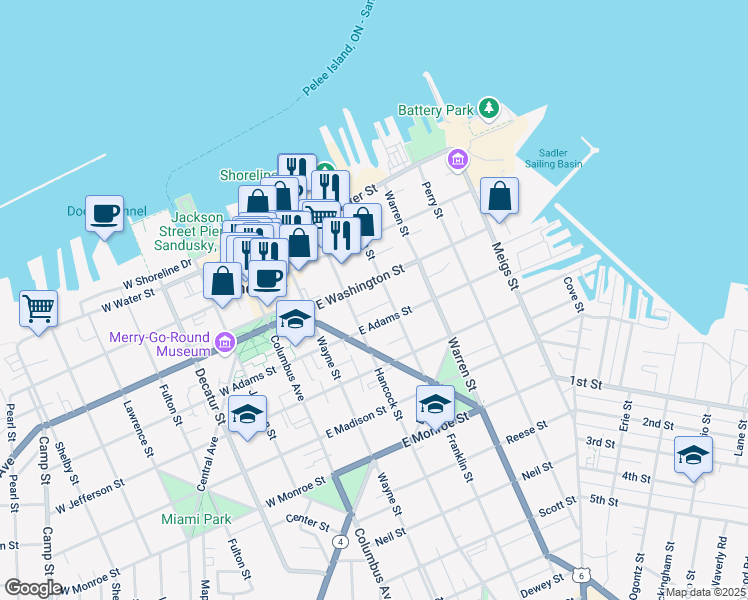 map of restaurants, bars, coffee shops, grocery stores, and more near 322 Hancock Street in Sandusky