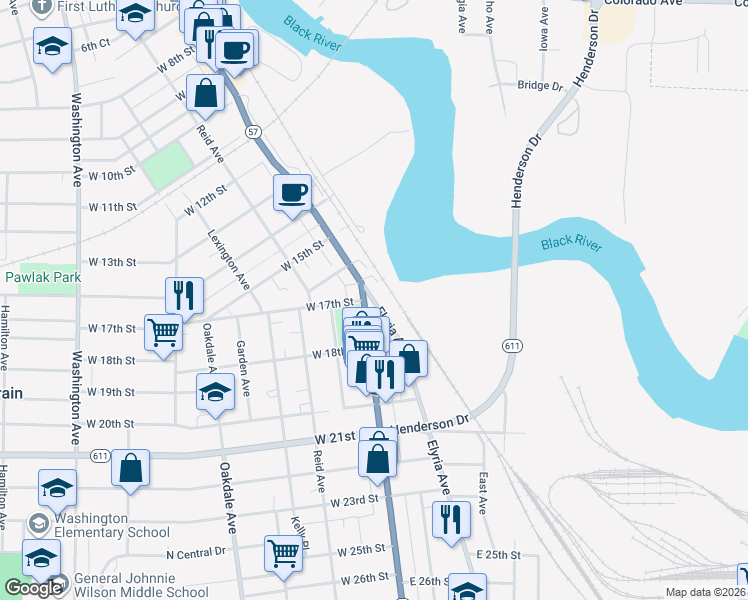 map of restaurants, bars, coffee shops, grocery stores, and more near 1707 Elyria Avenue in Lorain