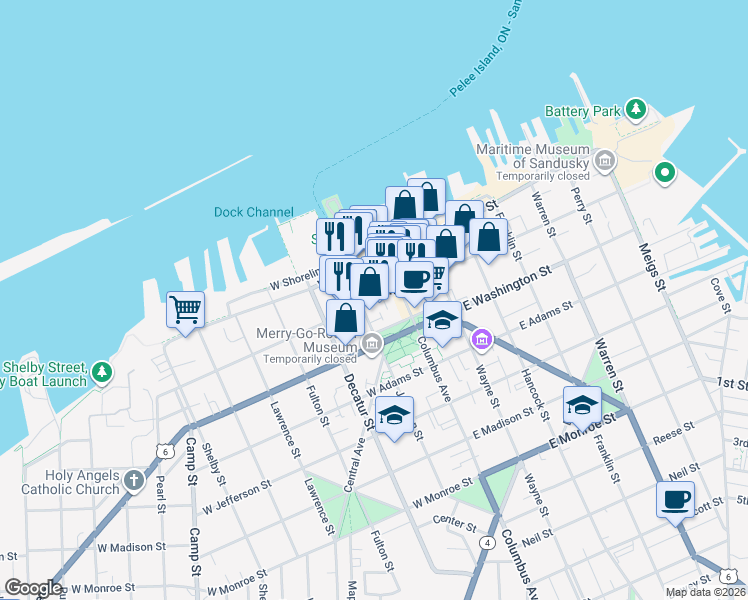 map of restaurants, bars, coffee shops, grocery stores, and more near 205 West Market Street in Sandusky