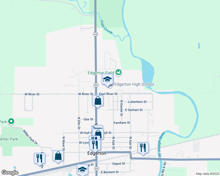 map of restaurants, bars, coffee shops, grocery stores, and more near 111 East River Street in Edgerton