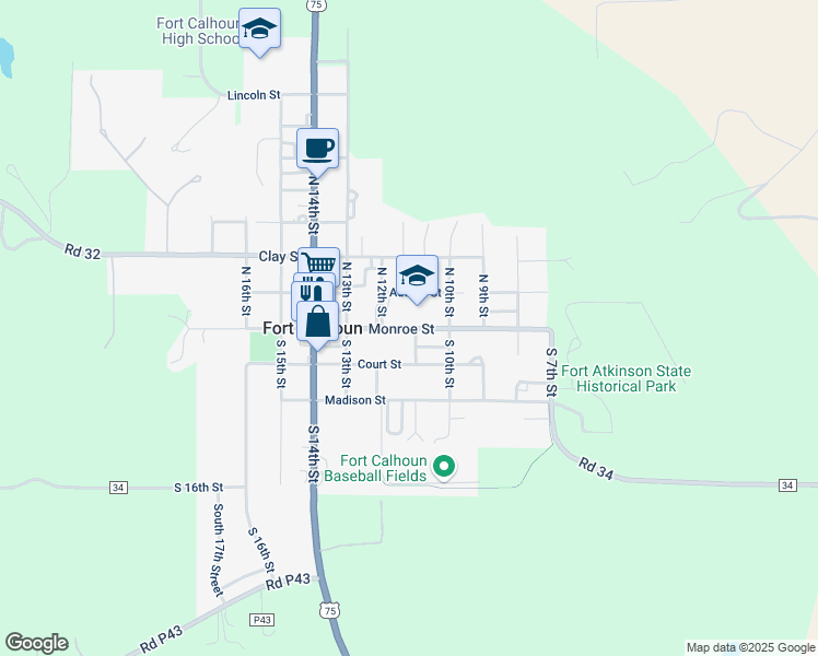 map of restaurants, bars, coffee shops, grocery stores, and more near 1120 Monroe Street in Fort Calhoun