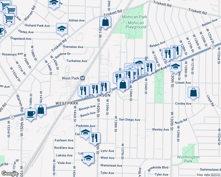 map of restaurants, bars, coffee shops, grocery stores, and more near 13857 Lorain Avenue in Cleveland