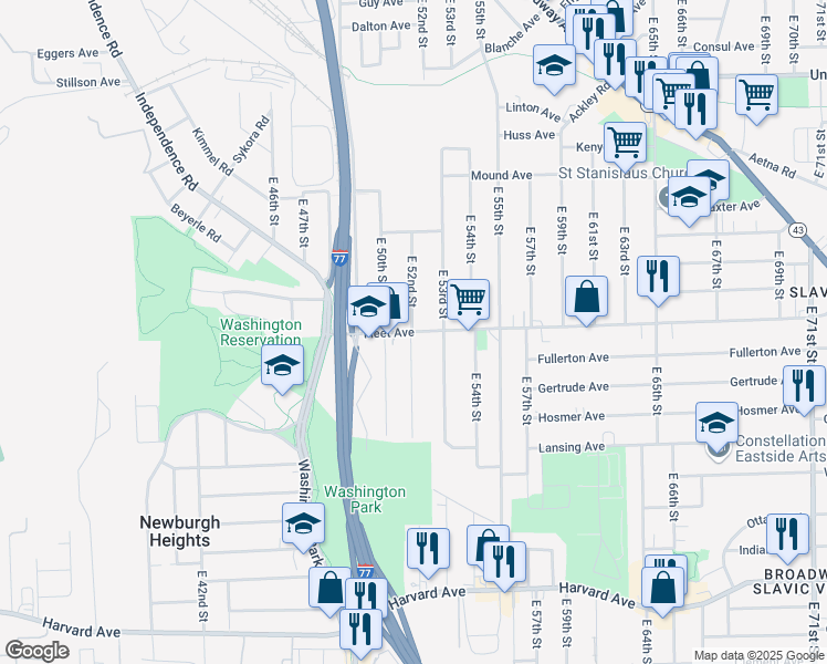 map of restaurants, bars, coffee shops, grocery stores, and more near East 52nd Street in Cleveland