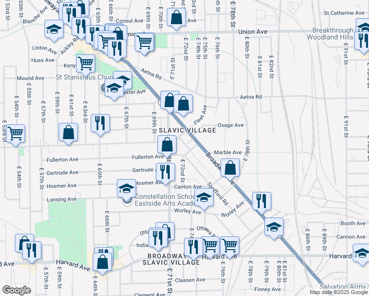 map of restaurants, bars, coffee shops, grocery stores, and more near 7205 Fullerton Avenue in Cleveland