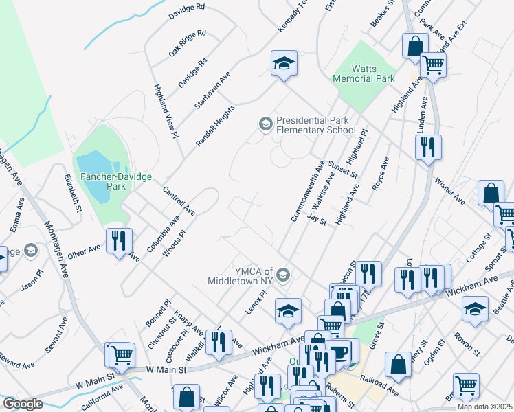 map of restaurants, bars, coffee shops, grocery stores, and more near Clemson Park in Middletown