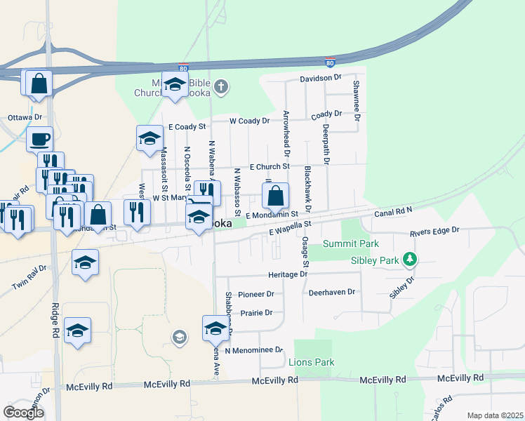 map of restaurants, bars, coffee shops, grocery stores, and more near 205 East Mondamin Street in Minooka
