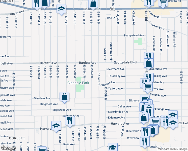 map of restaurants, bars, coffee shops, grocery stores, and more near 3820 East 153rd Street in Cleveland