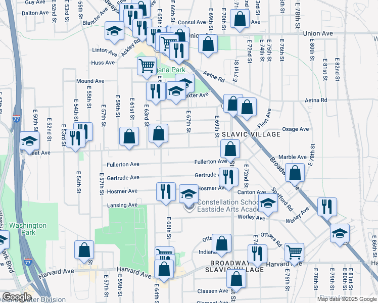 map of restaurants, bars, coffee shops, grocery stores, and more near 6729 Fullerton Avenue in Cleveland