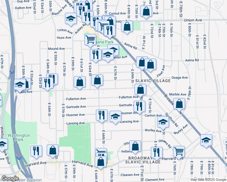 map of restaurants, bars, coffee shops, grocery stores, and more near 6615 Fullerton Avenue in Cleveland