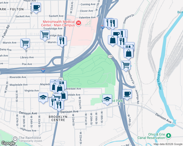 map of restaurants, bars, coffee shops, grocery stores, and more near 3607 Pearl Road in Cleveland