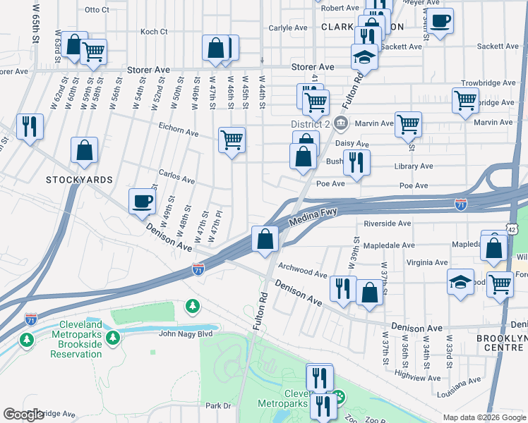 map of restaurants, bars, coffee shops, grocery stores, and more near 3629 West 45th Street in Cleveland