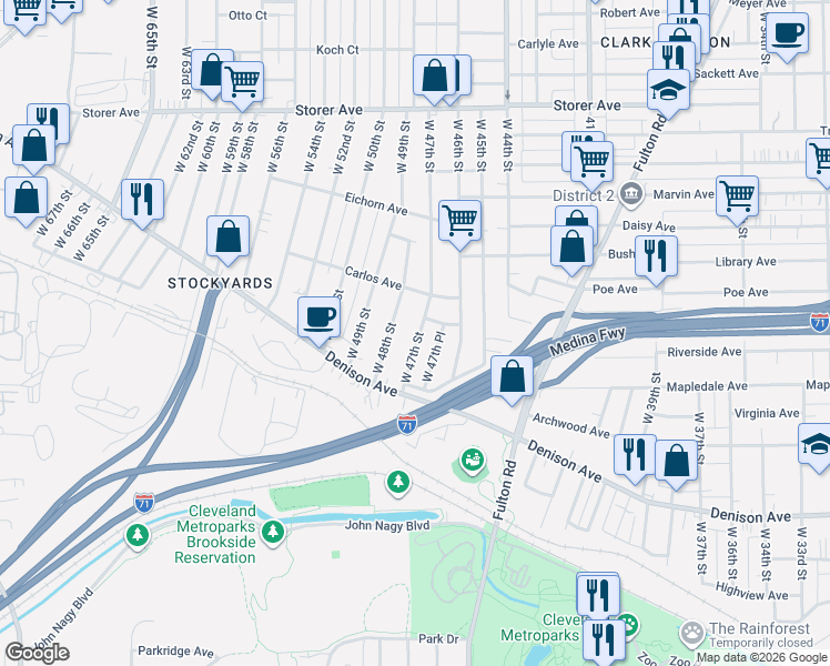 map of restaurants, bars, coffee shops, grocery stores, and more near 3630 West 47th Street in Cleveland