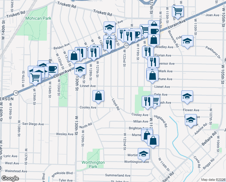 map of restaurants, bars, coffee shops, grocery stores, and more near 3574 West 123rd Street in Cleveland