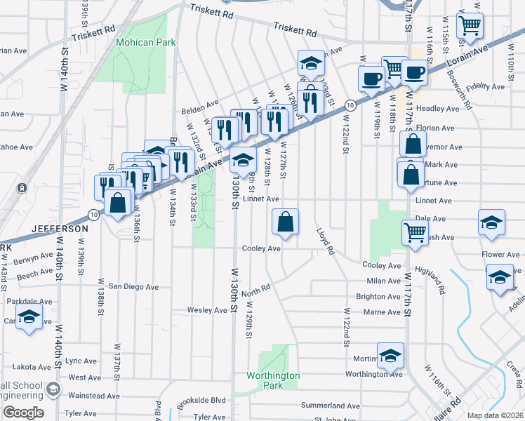 map of restaurants, bars, coffee shops, grocery stores, and more near 3565 West 129th Street in Cleveland