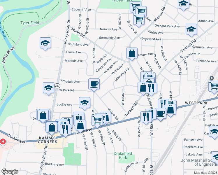 map of restaurants, bars, coffee shops, grocery stores, and more near 15607 Lydian Avenue in Cleveland