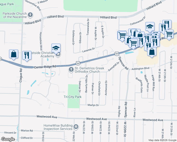 map of restaurants, bars, coffee shops, grocery stores, and more near 22666 Briscoe Drive in Rocky River
