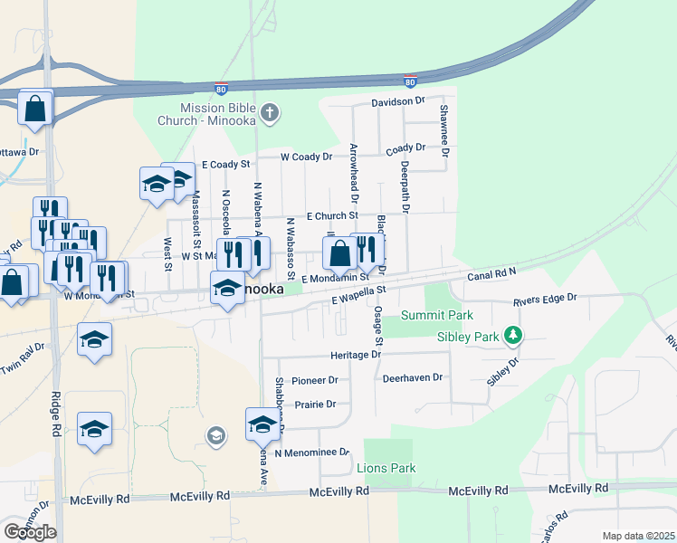 map of restaurants, bars, coffee shops, grocery stores, and more near 205 East Mondamin Street in Minooka