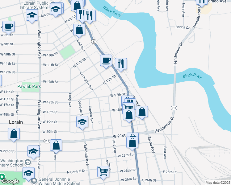 map of restaurants, bars, coffee shops, grocery stores, and more near 204 West 17th Street in Lorain