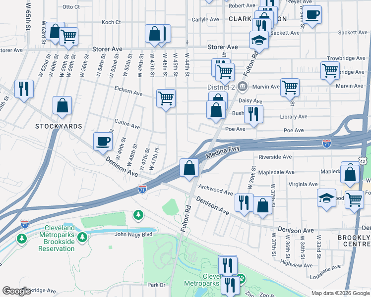 map of restaurants, bars, coffee shops, grocery stores, and more near 3629 West 45th Street in Cleveland