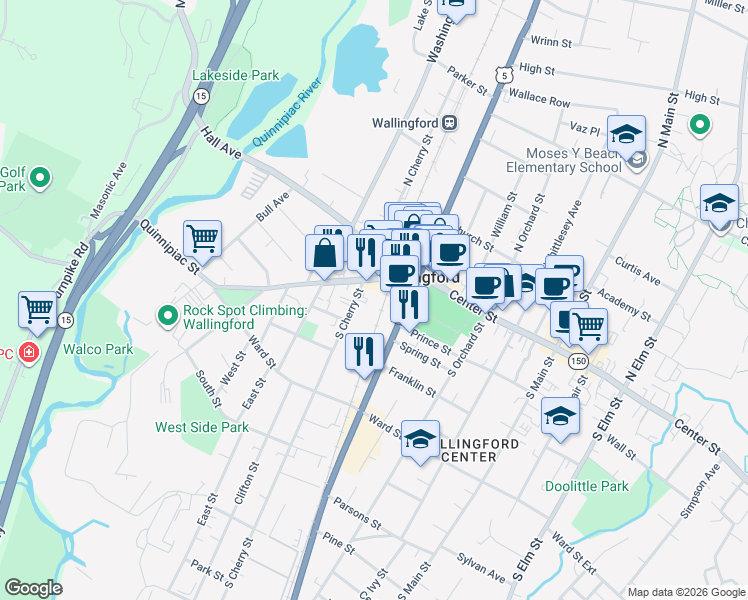 map of restaurants, bars, coffee shops, grocery stores, and more near 40 South Cherry Street in Wallingford