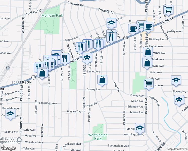map of restaurants, bars, coffee shops, grocery stores, and more near 3565 West 129th Street in Cleveland