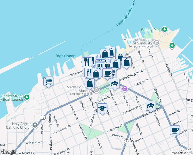 map of restaurants, bars, coffee shops, grocery stores, and more near 205 West Market Street in Sandusky