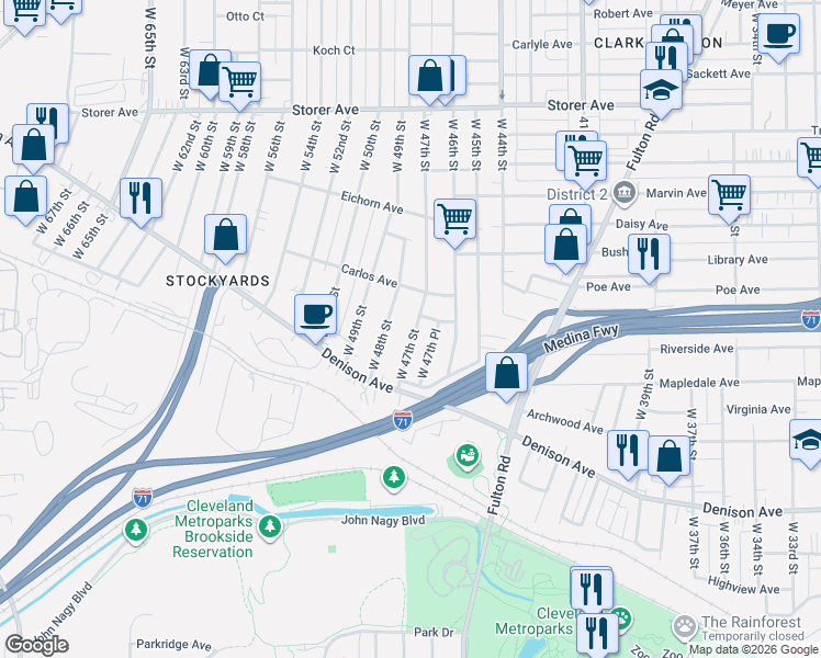 map of restaurants, bars, coffee shops, grocery stores, and more near 3630 West 47th Street in Cleveland