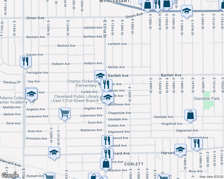 map of restaurants, bars, coffee shops, grocery stores, and more near 13307 Coath Avenue in Cleveland