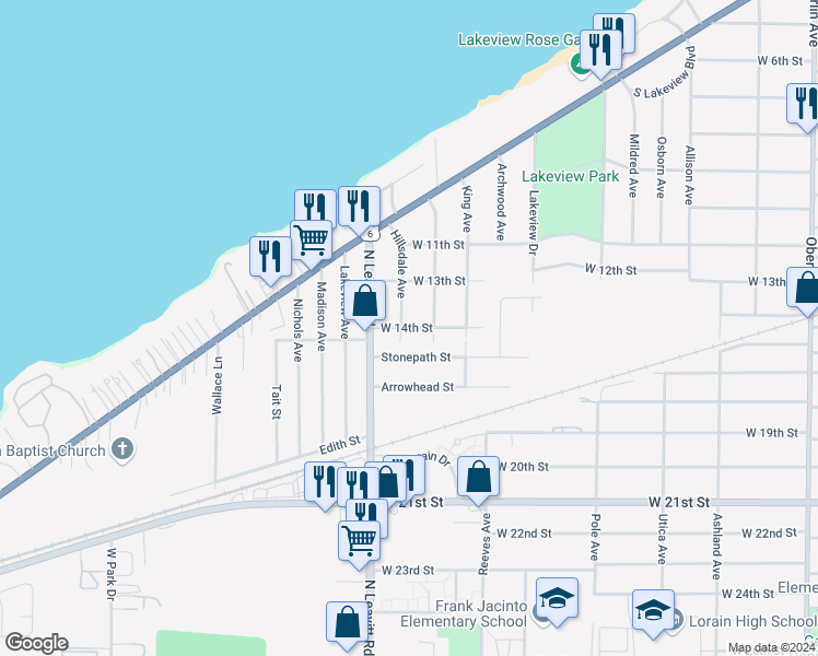 map of restaurants, bars, coffee shops, grocery stores, and more near 2219 West 14th Street in Lorain
